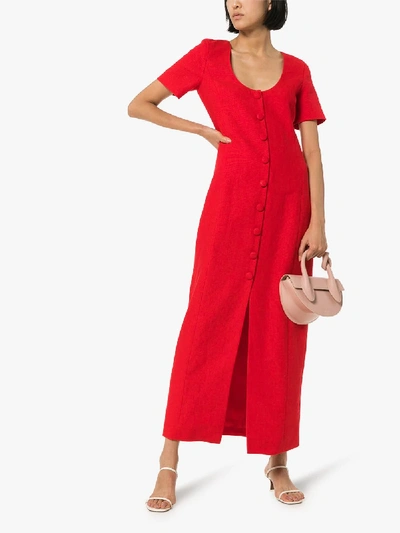 Shop Rebecca De Ravenel Buttoned Linen Dress In Red