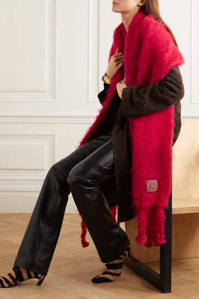 Shop Loewe Leather-trimmed Fringed Mohair-blend Scarf In Red