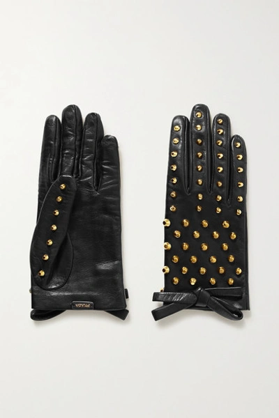 Shop Prada Bow-detailed Studded Leather Gloves In Black