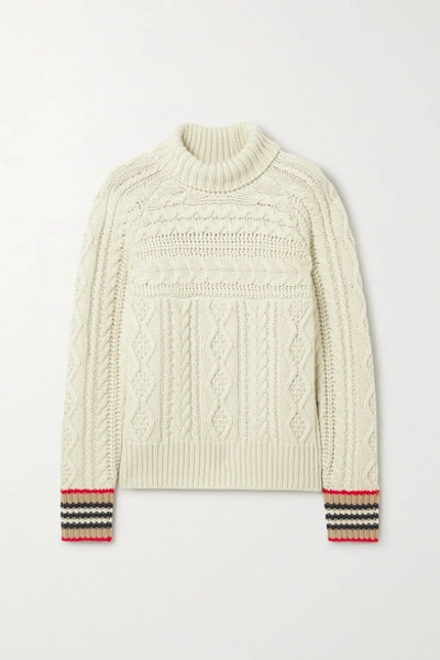 Shop Burberry Striped Cable-knit Cashmere Turtleneck Sweater In Beige