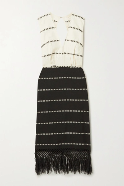 Shop Jaline Yalitza Open-back Fringed Striped Cotton-gauze Midi Dress In Black