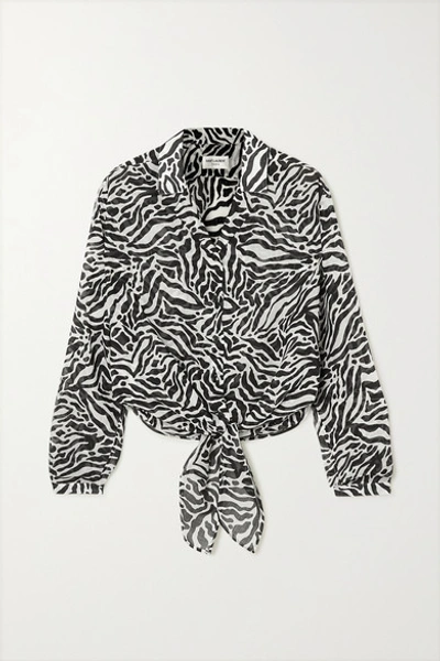 Shop Saint Laurent Tie-front Zebra-print Gauze Blouse In Gray