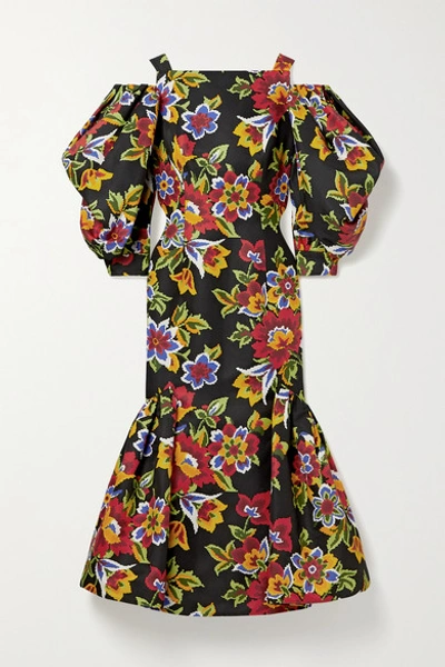 Shop Carolina Herrera Cold-shoulder Fluted Floral-print Cotton And Silk-blend Faille Midi Dress In Black