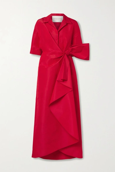 Shop Carolina Herrera Wrap-effect Bow-embellished Draped Silk-faille Gown In Red