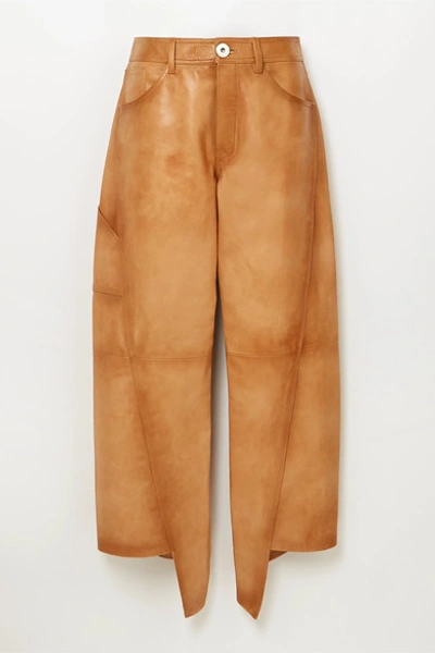 Shop Lanvin Asymmetric Cropped Leather Straight-leg Pants In Brown
