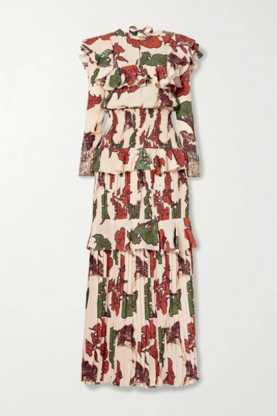 Shop Johanna Ortiz Celebration Of Splendor Lace-trimmed Ruffled Crepe De Chine Maxi Dress In Blush