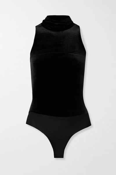 Shop Commando Stretch-velvet And Jersey Turtleneck Thong Bodysuit In Black
