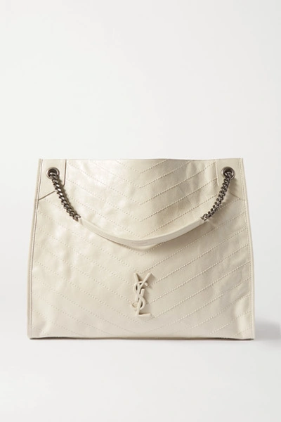 Shop Saint Laurent Niki Large Quilted Crinkled Glossed-leather Tote In White