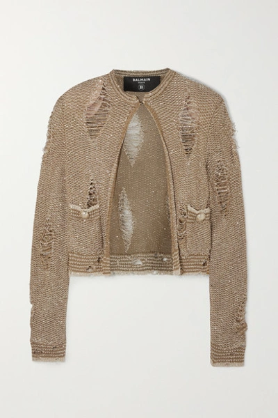 Shop Balmain Distressed Sequin-embellished Knitted Cardigan In Gold