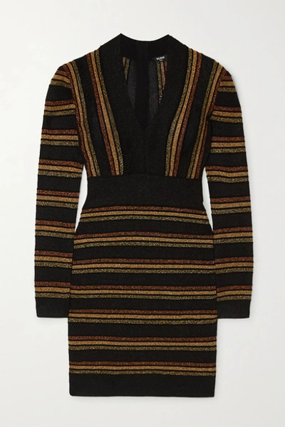 Shop Balmain Striped Metallic Wool-blend Mini Dress In Black