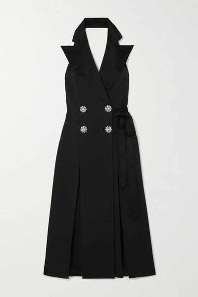 Shop Attico Crystal-embellished Cotton Wrap Midi Dress In Black