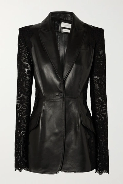 Shop Alexander Mcqueen Lace-paneled Leather Blazer In Black