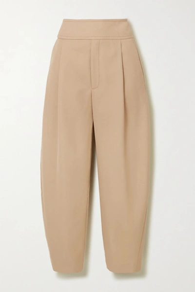 Shop Totême Lombardy Cropped Pleated Grain De Poudre Straight-leg Pants In Beige