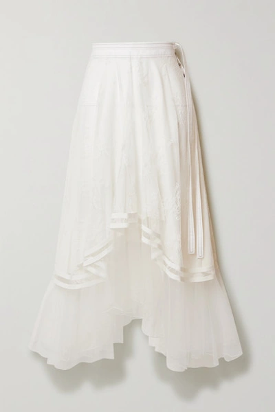 Shop Chloé Asymmetric Embroidered Tulle Midi Skirt In Ivory