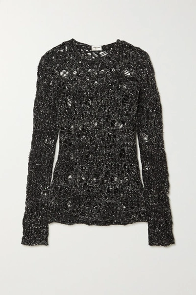 Shop Saint Laurent Sequined Distressed Open-knit Sweater In Black