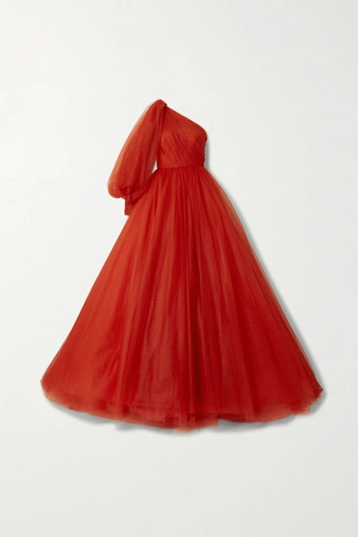 Shop Monique Lhuillier Embellished One-sleeve Tulle Gown In Tomato Red