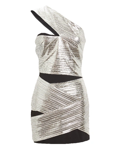 Shop David Koma One-shoulder Lamé Mini Dress In Silver
