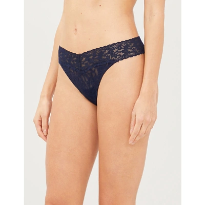 Shop Hanky Panky Signature Original Stretch-lace Thong In Navy