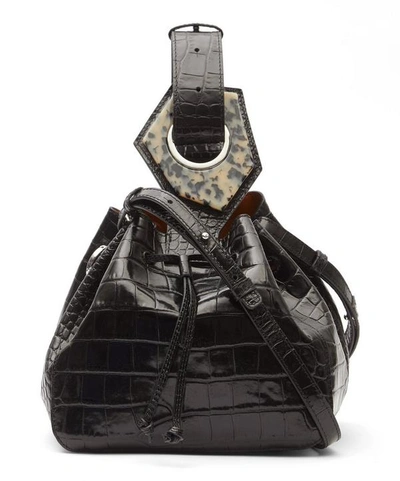 Shop Ganni Small Croc-embossed Leather Drawstring Bag In Black