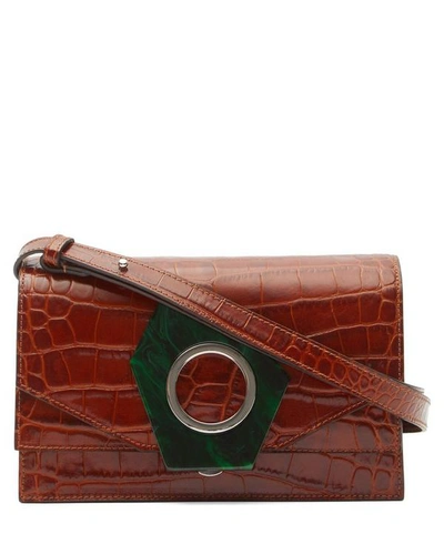 Shop Ganni Croc-embossed Leather Cross-body Bag In Brown