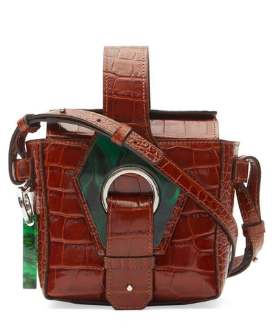 Shop Ganni Croc-embossed Leather Box Bag In Brown