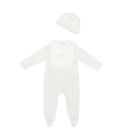 Shop Dolce & Gabbana Baby Printed Cotton Playsuit, Bib And Hat Set In White