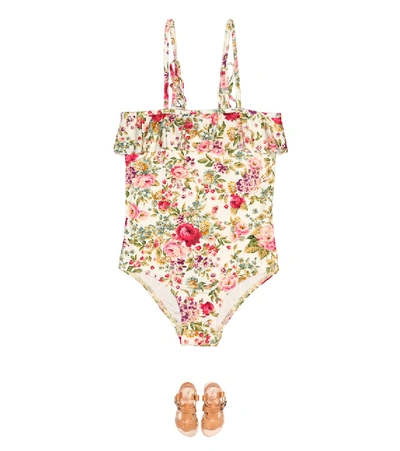 Shop Zimmermann Honour Floral Frill Swimsuit In Multicoloured