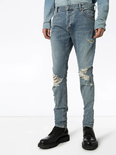 Shop Balmain Distressed Slim-fit Jeans In Blue