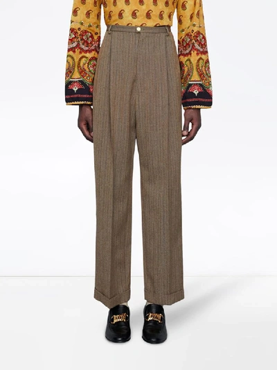 Shop Gucci Herringbone Cropped Trousers In Brown