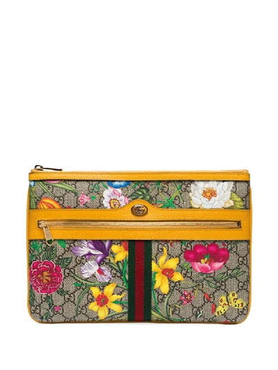 Shop Gucci Ophidia Floral-print Gg Supreme Pouch In Yellow