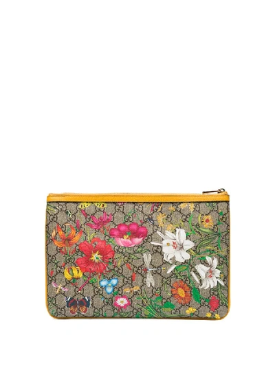 Shop Gucci Ophidia Floral-print Gg Supreme Pouch In Yellow