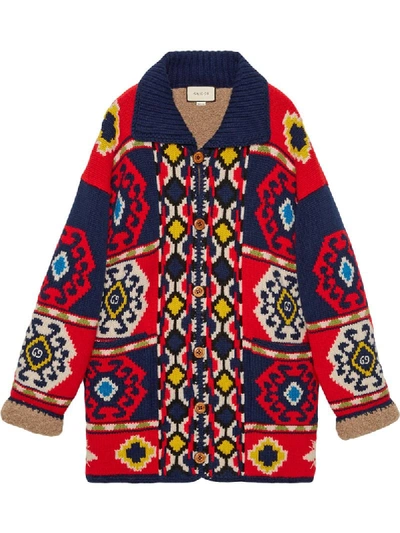 Shop Gucci Geometric Jacquard-knit Cardigan In Red