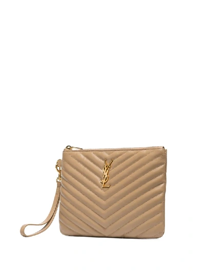 Shop Saint Laurent Monogram Plaque Quilted Clutch In Neutrals