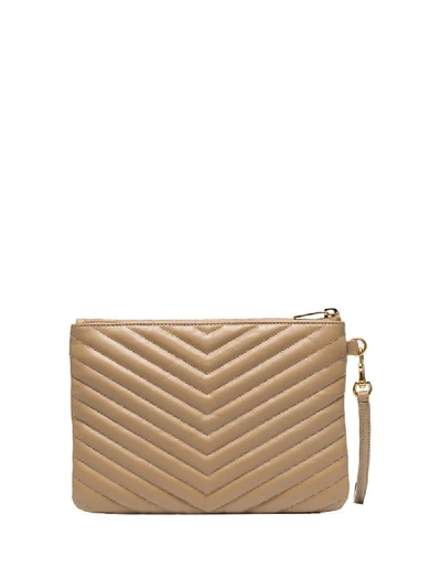 Shop Saint Laurent Monogram Plaque Quilted Clutch In Neutrals