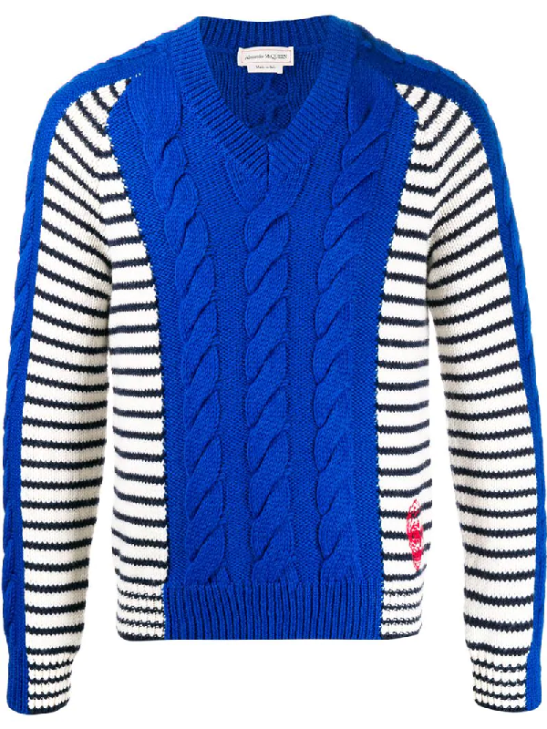 Striped Cable-knit Wool Sweater In Blue 