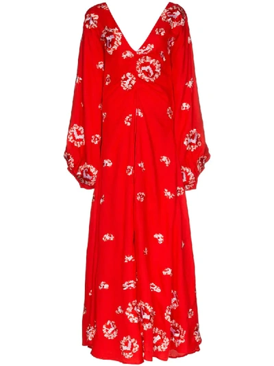 Shop All Things Mochi Catalina Floral Embroidered Maxi Dress In Red