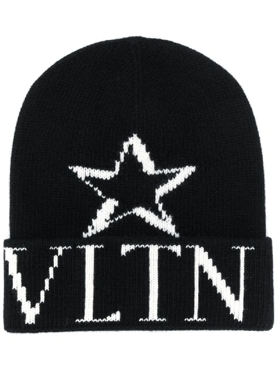 Shop Valentino Vltn Star Knitted Beanie In Black