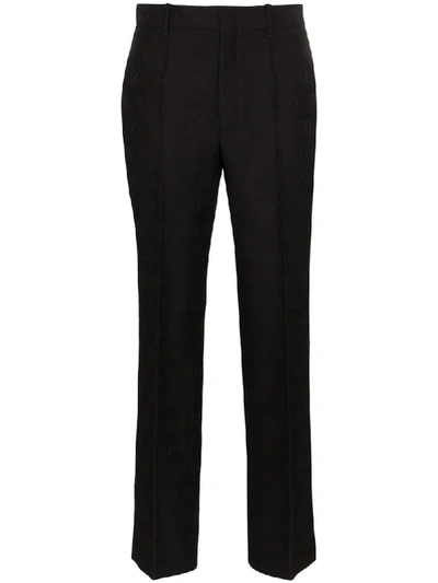 Shop Gucci Gg-embroidered Wool And Silk-blend Slim-fit Trousers In Black