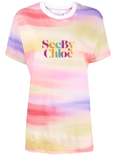 Shop See By Chloé Rainbow Logo Cotton T-shirt In Pink