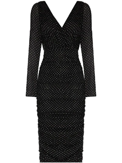 Shop Dolce & Gabbana Polka Dot Fitted Midi Dress In Black