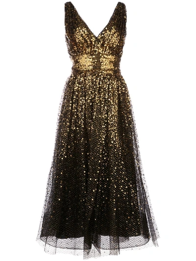 Shop Marchesa Notte Sequin Embroidered Flared Dress In Gold