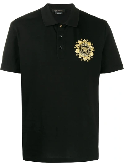 Shop Versace Medusa Embroidered Polo Shirt In Black