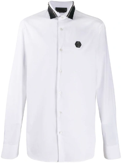 Shop Philipp Plein Studded Spread Collar Shirt In White