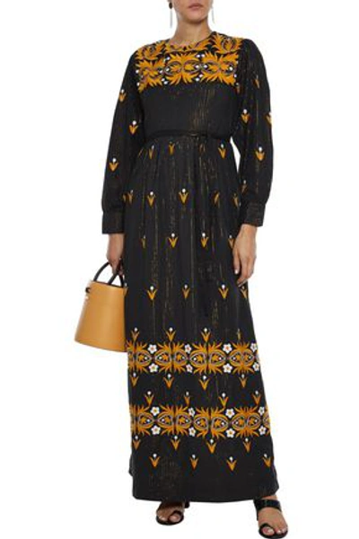 Shop Antik Batik Mexi Pleated Metallic Embroidered Cotton Maxi Dress In Black