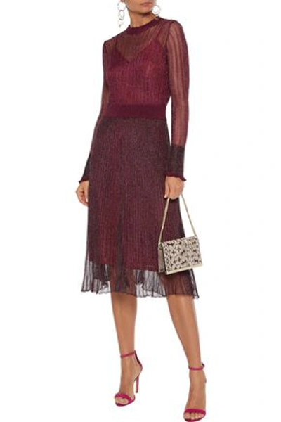 Shop Herve Leger Ruffle-trimmed Metallic Crochet-knit Midi Dress In Burgundy