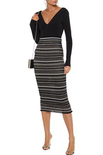 Shop Herve Leger Metallic Striped Mesh Midi Pencil Skirt In Black