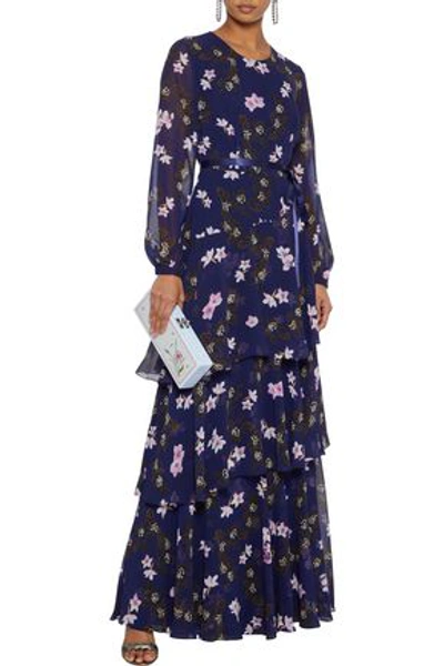 Shop Mikael Aghal Belted Tiered Floral-print Chiffon Gown In Navy