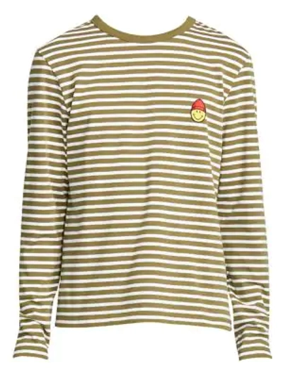 Shop Ami Alexandre Mattiussi Men's Long Sleeve Striped Smile Patch T-shirt In Olive White