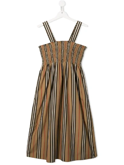 Shop Burberry Teen Striped Dress In Neutrals