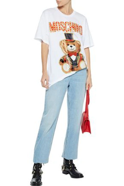 Shop Moschino Oversized Glittered Printed Cotton-jersey T-shirt In White